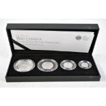 A 2010 Britannia four coin silver proof set comprising 1oz, 1/2oz, 1/4oz and 1/10oz coins, all