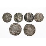 Six English hammered coins comprising Edward VI and James I shillings, Elizabeth I and Charles I