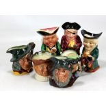 Four Royal Doulton small character jugs to include 'Sairey Gamp' and 'Pied Piper', also two