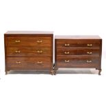 Two stained oak and mahogany three drawer chests, the tallest width 100cm.