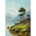T. R. BRADLEY; oil on canvas, Highland loch scene with man in boat to foreground and mountains to
