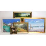 Four decorative oil paintings comprising a harbour scene, 'Polperro 49', signed D Hinges, 60 x 80cm,