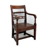 A 19th century mahogany child's bar back elbow chair with plank seat and square section legs (af).