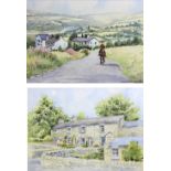 BRIAN BARLOW (born 1934); two watercolours, 'Rider on the Roman Road Affetside' and 'Cottages at