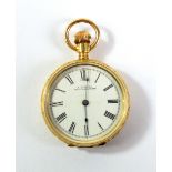 WALTHAM; an early 20th century 18ct gold open faced crown wind fob watch with overall engraved