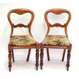 A pair of Victorian mahogany balloon back dining chairs raised on ring turned front supports (2).