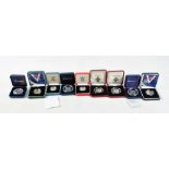 Nine silver proof coins of mixed denomination comprising 2005 End of WWII 60th Anniversary £2 (