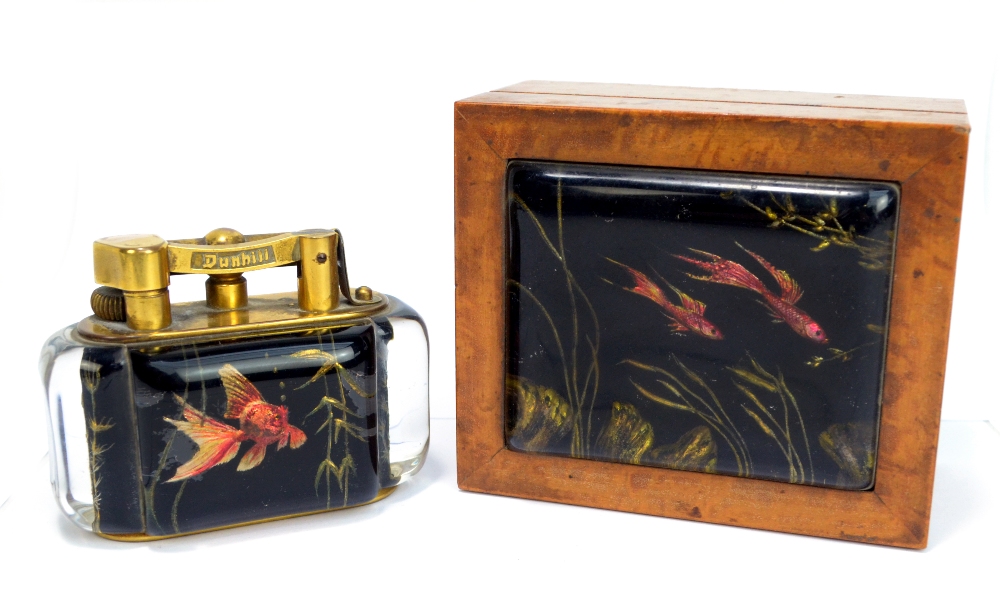 DUNHILL; a rare Aquarium lighter and matching cigarette box, the perspex lighter decorated with