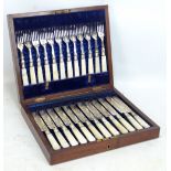A cased set of twelve electroplated mother of pearl handled dessert knives and forks, with