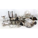 A quantity of electroplated items including teapot, trophies, flatware etc, some items with