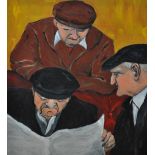 NICK WARD; oil on artist's board, 'The Syndicate', three men reading newspaper, signed to lower