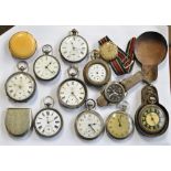 A group of various open faced pocket watches to include hallmarked silver key wind and Ingersoll