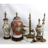 Three decorative ceramic table lamps, height of largest excluding fitment 40cm including base, a
