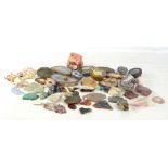 A collection of rocks, shells and geological samples including malachite, blue vein agate and