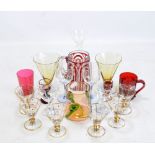 A small mixed group of glasses including a set of six 1950s polka dot decorated liqueur glasses, a