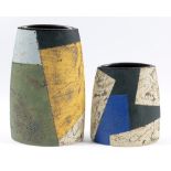 BERNARD IRWIN (born 1953); a oval stoneware vase decorated with blocks of different colours, incised