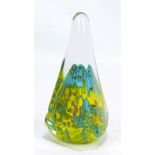 PETER LAYTON; a clear and green glass paperweight of pyramid form with internal coloured detail,