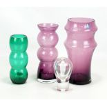 BELINDA HORNSEY FOR DARTINGTON; three amethyst (x2) and green coloured 'Intimates' glass vases,