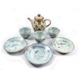 OLDRICH ASENBYL (born 1943); a stoneware coffee pot, three bowls and three plates, impressed OA