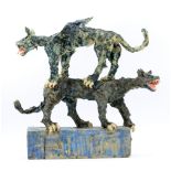 CATRIN HOWELL (born 1969); a stoneware sculpture of a mythical winged dog standing on the back of