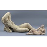 JOHN STORRS (1885-1956); a stoneware sculpture of a reclining female nude, impressed name, length