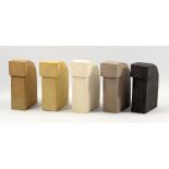 GILLIAN MONTEGRANDE (born 1960); 'Box Set', five stoneware vessels with square stoppers, incised GRM