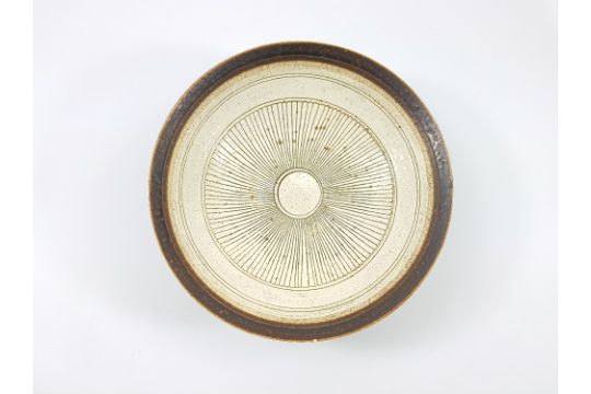 LUCIE RIE (1902-1995); an early sgraffito porcelain bowl, pitted cream glaze to interior and - Image 2 of 3