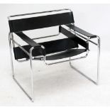 MARCEL BREUER FOR FLORENCE KNOLL; a 'Wassily' chrome framed chair with hide upholstery.Additional