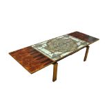 OX ART; a rosewood veneered drawer leaf coffee table with tile top, signed and dated '78, dimensions