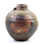 CHARLES BOUND (born 1939); a globular stoneware vessel with small lug handle, wood-fired,