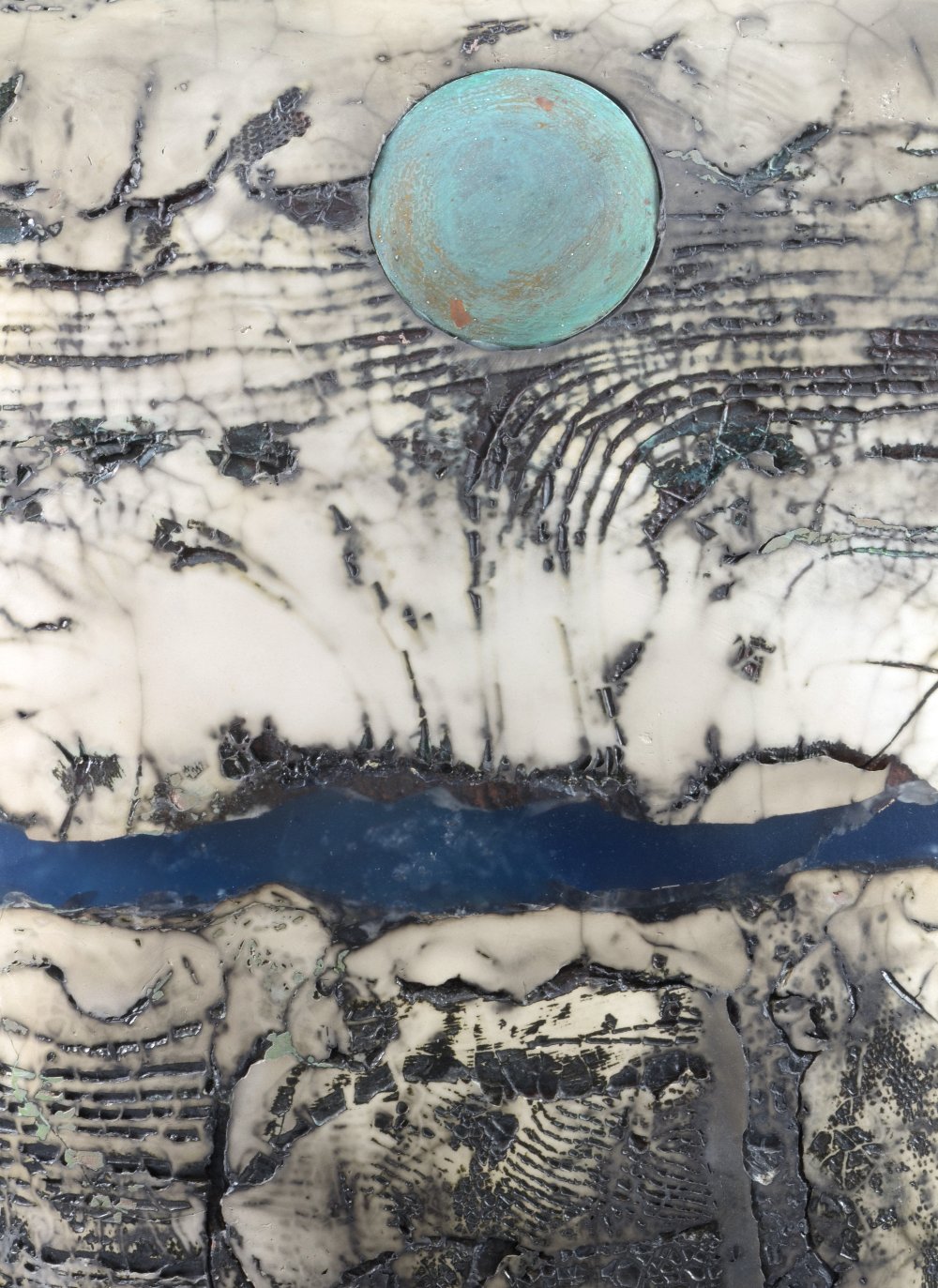 PETER HAYES (born 1946); a very large raku bow mounted on slate base, fractured smoky white surface, - Image 3 of 4
