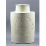 ROBERT GRUNDY (born 1938); a large porcelain jar and cover with incised fossil decoration, height