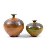 ANDREW HILL (born 1964); two small raku vases with mottled ochre and green surface decoration,