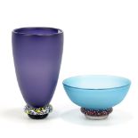 PAUL BARCROFT; a purple vase and turquoise bowl, both with contrasting multicoloured rings above