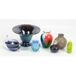 HOGLUND GLASS; a multicoloured glass vase, a smaller blue vase and fish sculpture, also a Mtarfa