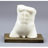 A porcelain sculpture of a male torso mounted on wood, indistinctly signed 'Niclas Andreusir (?)