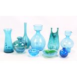 MDINA; a turquoise lobed vase and scent bottle with stopper, further turquoise/blue art glass