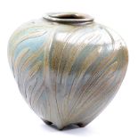 RUTH KING (born 1955); a square salt-glazed vase with incised decoration picked out in turquoise