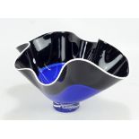 BOB HANDLEY; an 'Encalmo Technique' handkerchief footed bowl in royal blue and black, the rim finely