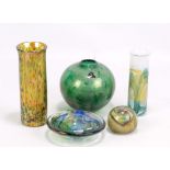 ISLE OF WIGHT; five pieces of art glass comprising 'Azurene' green globular vase with original