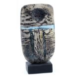 PETER HAYES (born 1946); a small raku bow mounted on slate base, fractured smoky white surface and