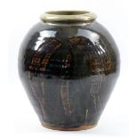 JIM MALONE (born 1946); a stoneware collared vase covered in tenmoku glaze with khaki decoration,