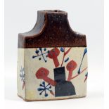 JOHN MALTBY (born 1936); a rectangular stoneware bottle decorated with a stylised landscape, painted