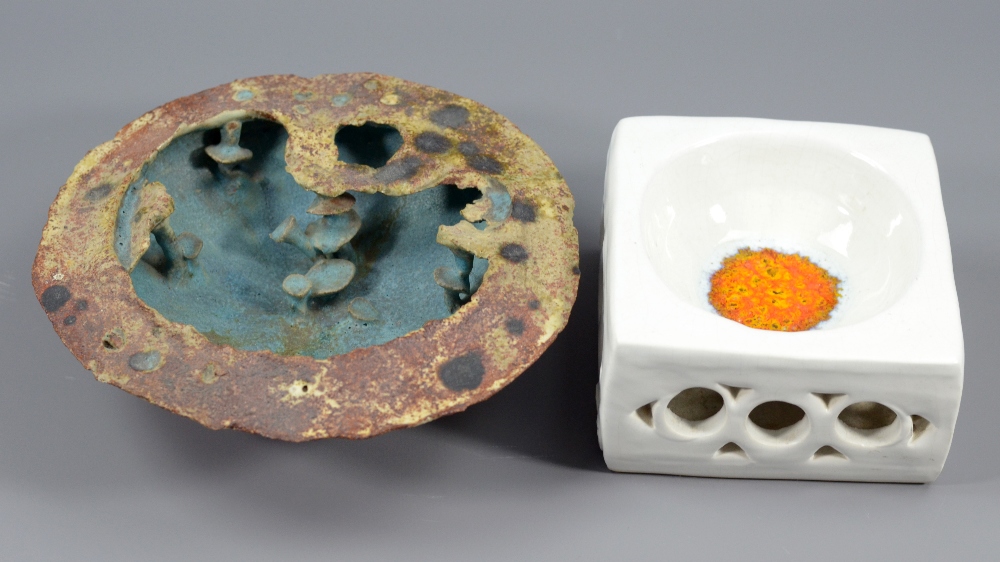 ROBERT FOURNIER (1915-2008); a stoneware water garden/crater bowl, turquoise and mottled iron glaze, - Image 2 of 2