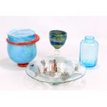 Four pieces of art glass comprising a fused bowl by Tiziana Bendell-Brunello, diameter 26.2cm, a
