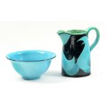 JANE COX (born 1962); an earthenware jug and bowl decorated with turquoise and black glaze,