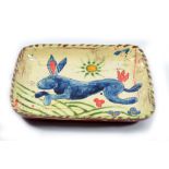 BEN FOSKER (born 1960); a rectangular slip decorated earthenware dish depicting a hare, painted B