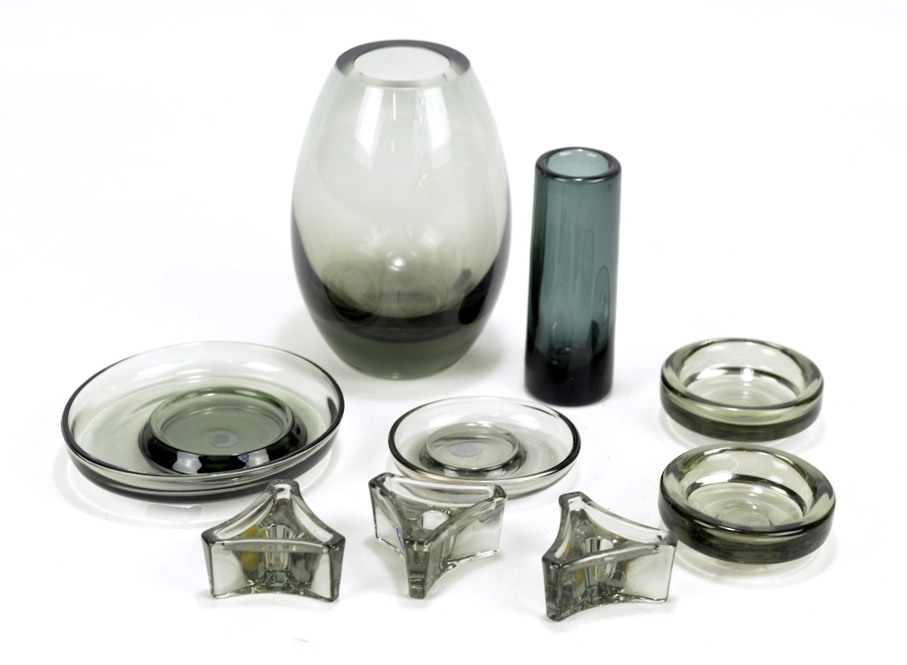 PER LUTKEN FOR HOLMEGAARD; seven pieces of grey smoked glass tableware comprising vase, height 16cm,