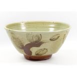 HENRY HAMMOND (1914-1989); a large stoneware bowl with iron brushwork decoration on a speckled