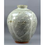 MARK GRIFFITHS (born 1956); a large stoneware bottle decorated with grasses on a speckled grey